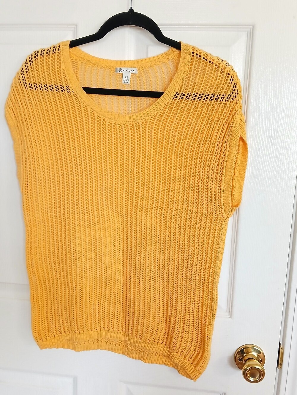 Versona Sunny Yellow Open-Knit Short Sleeve Sweater Resort Coastal Beach Casual